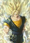  1boy aura blonde_hair clenched_hands closed_mouth commentary_request dragon_ball dragon_ball_z earrings electricity green_eyes highres jewelry looking_at_viewer male_focus muscular muscular_male potara_earrings serious spiky_hair standing stynl_f super_saiyan super_saiyan_2 vegetto 