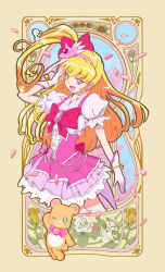  1girl :d asahina_mirai barefoot blonde_hair bow cure_miracle gloves hair_bow hairband hat high_side_ponytail highres kagekaku layered_skirt long_hair mahou_girls_precure! mini_hat miniskirt mofurun_(mahou_girls_precure!) open_mouth pink_hairband pink_hat pink_skirt precure red_bow shirt short_sleeves skirt smile standing underbust very_long_hair violet_eyes white_gloves white_shirt white_skirt 