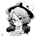  1girl black_headwear blush bow collared_shirt commentary glasses greyscale hat hat_bow looking_at_viewer monochrome open_mouth shirt short_twintails simple_background smile solo tanasuke touhou twintails upper_body usami_sumireko vest white_background 