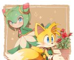 1boy 1girl animal_nose blue_eyes blush closed_mouth cosmo_(sonic) flower fox_boy furry misuta710 monster_girl multiple_tails plant plant_girl red_flower red_rose rose smile snout sonic_(series) sonic_x tail tails_(sonic) two_tails vase