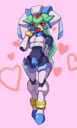  1girl armor candy chocolate crotch_plate food forehead_jewel full_body green_hair hayebsi heart heart-shaped_chocolate heart-shaped_food helmet holding holding_chocolate holding_food long_hair mega_man_(series) mega_man_zx model_w_(mega_man) pandora_(mega_man) pink_background power_armor red_eyes simple_background solo valentine white_armor white_helmet 
