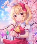  1girl absurdres back_bow blonde_hair blush bow cherry_blossoms crystal day fang flandre_scarlet flower hair_bow hair_flower hair_ornament hanen_(borry) hat highres holding long_hair looking_at_viewer mob_cap outdoors petals red_bow red_eyes red_skirt red_vest shirt short_sleeves side_ponytail skirt smile solo touhou tree vest white_bow white_headwear white_shirt wings wrist_cuffs 