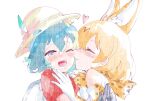  2girls :3 animal_ears backpack bag bare_shoulders black_hair blonde_hair blue_eyes blush bow bowtie closed_eyes commentary_request elbow_gloves extra_ears eyebrows_visible_through_hair gloves hat_feather helmet highres kaban_(kemono_friends) kemono_friends kiss knmttn multiple_girls one_eye_closed pith_helmet print_gloves print_neckwear red_shirt serval_(kemono_friends) serval_ears serval_girl serval_print shirt short_hair short_sleeves sleeveless t-shirt white_shirt 