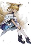  1girl absurdres animal_ears arknights bare_shoulders black_collar black_footwear blonde_hair blue_hairband boots chinese_commentary collar commentary dress earpiece fox_ears fox_girl fox_tail green_eyes hairband highres kitsune kyuubi looking_at_viewer multiple_tails oripathy_lesion_(arknights) pantyhose peach21 skirt smile solo suzuran_(arknights) tail torn_clothes torn_legwear white_background white_dress white_legwear white_skirt white_wristband 