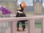  2girls annette_fantine_dominic arms_around_neck black_legwear blonde_hair blush boots brown_footwear castle closed_eyes fire_emblem fire_emblem:_three_houses flower garreg_mach_monastery_uniform height_difference highres hiwonoafu kiss long_sleeves low_twintails mercedes_von_martritz multiple_girls orange_hair purple_flower short_twintails stained_glass thigh-highs twintails white_flower window yuri 