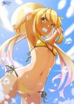  1girl absurdres ayuman ball beachball bikini blonde_hair blue_sky breasts clouds from_below highres kantai_collection long_hair low_twintails navel satsuki_(kancolle) side-tie_bikini sky small_breasts smile solo string_bikini swimsuit twintails very_long_hair water_drop yellow_bikini yellow_eyes 