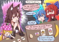  4girls @_@ ace_(playing_card) ace_of_hearts ace_of_spades american_flag_dress animal_ears balatro banana blonde_hair blue_eyes blue_hair bow brown_hair bug card clownpiece commentary egg english_commentary english_text fairy_wings fire flying_sweatdrops food fruit grass_root_youkai_network hair_bow hat heart imaizumi_kagerou jester_cap joker_(playing_card) long_hair messy_hair multiple_girls number_background open_mouth own_hands_together playing_card pointing purple_bow purple_fire red_eyes red_hair sekibanki short_hair short_sleeves spade_(shape) speech_bubble spoken_sweatdrop steepled_fingers sweatdrop table torch touhou wakasagihime wide_sleeves wings wolf_ears wolf_girl wool_(miwol) 