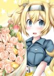  1girl blonde_hair blue_eyes blue_shirt bouquet breast_pocket breasts collared_shirt flower gambier_bay_(kancolle) hairband holding holding_bouquet kantai_collection large_breasts ouno_(nounai_disintegration) pocket shirt solo twintails upper_body 