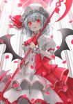  1girl ascot bat_wings blue_hair blush dress eyebrows_visible_through_hair fangs hair_between_eyes hat highres holding holding_weapon mob_cap moon open_mouth petals puffy_short_sleeves puffy_sleeves red_ascot red_eyes red_moon remilia_scarlet shironeko_yuuki short_hair short_sleeves solo spear_the_gungnir touhou weapon white_dress white_headwear wings 