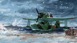  2others absurdres aircraft airplane beriev_be-4 boat clouds cloudy_sky flying_boat highres military_vehicle multiple_others ocean original propeller rokubotei_ayagiri seaplane ship sky snow soviet_navy ushanka vehicle_focus warship watercraft world_war_ii 