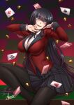  1girl adsouto aqua_lips bangs black_hair black_legwear blunt_bangs blush breasts card highres hime_cut houndstooth hyakkaou_academy_uniform jabami_yumeko jacket kakegurui large_breasts lips long_hair looking_at_viewer open_mouth pantyhose playing_card poker_chip red_eyes red_jacket red_suit school_uniform shirt skirt smile suit_jacket thumb_ring very_long_hair 