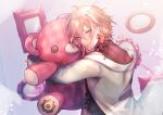  1boy absurdres asagiri0700 coat earrings green_eyes highres holding holding_stuffed_toy holostars jewelry looking_back male_focus mirror pink_hair rikka_(holostars) smile solo stuffed_animal stuffed_toy teddy_bear virtual_youtuber white_coat 