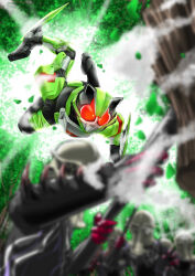 5boys absurdres armor atu_(fuji_atu66) black_bodysuit blurry blurry_foreground bodysuit dagger dual_wielding green_helmet helmet highres holding holding_dagger holding_knife holding_weapon jamato_(kamen_rider_geats) kamen_rider kamen_rider_geats_(series) kamen_rider_tycoon kawarimi_no_jutsu knife leaf male_focus midair multiple_boys power_armor red_eyes solo_focus tokusatsu weapon