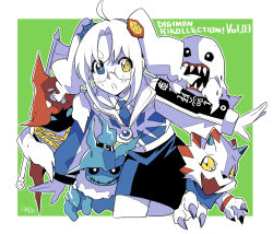  1girl bakemon blue_eyes border cosplay cowboy_shot digimon digimon_(creature) digimon_recollection fantomon gammamon ghostmon glasses green_background heterochromia highres holding holding_scythe hood hooded_jacket jacket limited_palette nozomi_riko omegamon omegamon_(cosplay) ookutsuwa_waga partially_colored release_celebration round_eyewear scythe simple_background skirt triceratops twintails white_border yellow_eyes 