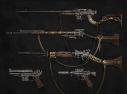  ariel_perez black_background fantasy gun gun_sling handgun highres no_humans object_focus original rifle science_fiction weapon weapon_focus 