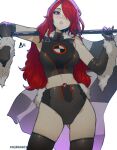  1girl :o ass_visible_through_thighs aurahack bangs black_gloves breasts character_request copyright_request crop_top elbow_gloves flag fur_trim gloves head_tilt highres holding holding_flag kirijou_mitsuru looking_down medium_breasts one_eye_covered open_mouth persona persona_3 racequeen skin_tight solo thigh-highs 