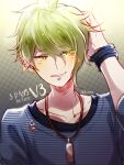  1boy amami_rantarou bangs blue_shirt collarbone dangan_ronpa_(series) dangan_ronpa_v3:_killing_harmony earrings english_commentary green_eyes green_hair grey_background hair_between_eyes hakamii hand_in_hair hand_up highres jewelry looking_at_viewer male_focus necklace parted_lips portrait shirt short_hair sleeves_past_elbows smile solo striped striped_shirt teeth upper_body wristband 