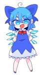  1girl ahoge arms_behind_back bangs blue_bow blue_dress blue_eyes blue_footwear blue_hair bow bowtie cirno dress eyebrows_visible_through_hair fang full_body hair_between_eyes hair_bow highres ice ice_wings looking_at_viewer op_na_yarou open_mouth red_bow red_neckwear short_hair short_sleeves simple_background solo standing touhou white_background wings 