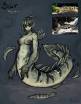  1girl absurdres bichir_polypterus black_eyes breasts closed_mouth creature_and_personification english_commentary fins fish full_body green_hair highres large_breasts lips looking_at_viewer matilda_fiship mermaid monster_girl navel nude original photo-referenced scar scar_on_arm serious solo webbed_hands 