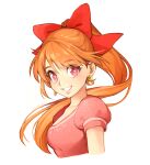  1girl bangs blossom_(ppg) bow cropped_torso eyebrows_visible_through_hair floating_hair hair_behind_ear hair_bow highres juliet_sleeves long_hair long_sleeves orange_hair pink_eyes pink_shirt ponytail powerpuff_girls puffy_sleeves red_bow shirt short_sleeves smile solo syertse upper_body white_background 