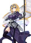  1girl armor armored_dress black_legwear blonde_hair blue_eyes braid braided_ponytail breasts chain dress duplicate fate/apocrypha fate/grand_order fate_(series) flag headpiece highres holding holding_flag jeanne_d&#039;arc_(fate) jeanne_d&#039;arc_(fate)_(all) long_hair looking_at_viewer pixel-perfect_duplicate rin_falcon simple_background smile solo sword thighs weapon white_background 