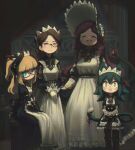  4girls :3 :d ^_^ absurdres animal animal_ears bangs blonde_hair blunt_bangs bonnet braid brown_hair cat cat_ears cat_girl cat_tail closed_eyes commentary crown_braid earrings english_commentary facing_viewer flareze_(porforever) glasses gloves green_hair hair_between_eyes hair_bun highres holding holding_animal holding_cat horns indoors jewelry long_hair looking_at_viewer maid maid_day maid_headdress monocle multiple_girls open_mouth original porforever red-framed_eyewear redhead ribbon semi-rimless_eyewear sitting smile standing tail tail_ornament tail_ribbon two_side_up under-rim_eyewear white_gloves yellow_eyes 