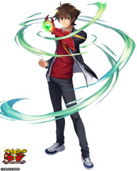  1boy absurdres armored_gloves black_jacket black_pants brown_eyes brown_hair clenched_hand closed_mouth copyright_name copyright_notice full_body high_school_dxd high_school_dxd_operation_paradise_infinity highres hyoudou_issei jacket long_sleeves looking_at_viewer magic male_focus official_art pants red_shirt shirt short_hair solo standing 