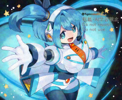  1girl black_bodysuit blue_eyes blue_hair bodysuit breasts cowboy_shot headphones heart large_breasts medium_hair mega_man_(series) mega_man_x_(series) mega_man_x_dive rico_(mega_man) robot_girl shirt shorts side_ponytail skirt solo star_(symbol) white_shirt white_shorts white_skirt yamanashi_taiki 