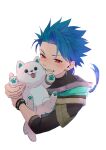  1boy 1other 4040_(shiii_yade) animal asymmetrical_bangs bangs blue_hair blush bracelet braid braided_ponytail child closed_mouth cu_chulainn_(fate)_(all) dog earrings fang fate/grand_order fate/grand_order_arcade fate_(series) floating_hair grin highres holding holding_animal holding_dog hood hood_down jewelry long_hair looking_at_another male_focus paws ponytail puppy red_eyes setanta_(fate) simple_background slit_pupils smile spiky_hair 