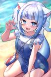  1girl :d animal_ears bangs beach between_legs blue_dress blue_eyes blue_nails blue_skirt cat_ears commentary_request deaver dress fish_tail gawr_gura hand_between_legs hand_up highres hololive hololive_english long_hair looking_at_viewer open_mouth outdoors paw_pose shark_tail sharp_teeth shirt short_sleeves side_ponytail sitting skirt smile solo tail teeth virtual_youtuber white_hair white_shirt 
