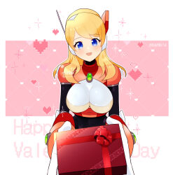  1girl alia_(mega_man) black_bodysuit blonde_hair blue_eyes bodysuit breasts chest_jewel commentary_request cowboy_shot dated gift happy_valentine highres holding holding_gift large_breasts medium_hair mega_man_(series) mega_man_x_(series) pink_background rikka_(user_hruv2435) robot_girl simple_background solo valentine white_background 