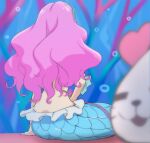  1girl from_behind haruyama_kazunori head_fins kururun_(precure) laura_(precure) long_hair mermaid midriff monster_girl pink_hair precure sitting tropical-rouge!_precure underwater 