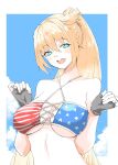  1girl american_flag_bikini ash_arms b-kyuu_ocha bangs bikini blonde_hair blue_sky border breasts clouds criss-cross_halter day eyebrows_visible_through_hair fingerless_gloves flag_print gloves green_eyes half-closed_eyes halterneck large_breasts long_hair looking_at_viewer m26_pershing_(ash_arms) open_mouth outdoors outside_border ponytail sky smile solo swimsuit upper_body w_arms white_border 