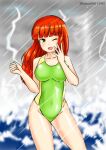  1girl bangs blunt_bangs blurry clouds cloudy_sky commentary_request contrapposto cowboy_shot de_ruyter_(kancolle) depth_of_field green_eyes green_swimsuit grey_sky kantai_collection kudou_(ooabareteng) lightning long_hair looking_at_viewer ocean one-piece_swimsuit one_eye_closed outdoors rain redhead sky smile solo storm swimsuit waves 