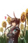  1girl absurdres amiya_(arknights) animal_ears animalization arknights blue_eyes brown_hair bug butterfly cat chinese_commentary cravat e-fa-dorn flower highres hood hooded_jacket insect jacket jewelry long_hair ponytail rabbit_ears ring rosmontis_(arknights) signature sunflower 