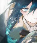  1boy androgynous bangs blue_eyes blue_hair bow braid cape closed_mouth collared_cape collared_shirt eyebrows_visible_through_hair genshin_impact gradient_hair highres kit_(nnmv4282) looking_at_viewer male_focus multicolored_hair shirt short_hair_with_long_locks slit_pupils solo twin_braids venti_(genshin_impact) white_shirt 