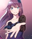  1girl bare_shoulders black_sleeves blue_dress blue_eyes blue_flower blurry blurry_foreground depth_of_field dress eyebrows_visible_through_hair flower hair_ornament highres kaikistride long_sleeves looking_at_viewer monogatari_(series) outstretched_arm purple_hair senjougahara_hitagi sleeveless smile 