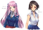  2girls blue_eyes borrowed_character breasts brown_hair hair_ornament hairpin long_hair looking_at_viewer multiple_girls murata_tefu open_mouth pink_hair short_hair simple_background skirt smile white_background 