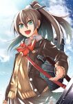  1girl akaneharu_ohkami bangs blazer blue_eyes bow bowtie brown_hair brown_jacket brown_skirt clouds day frilled_skirt frills hair_between_eyes headgear jacket kantai_collection kumano_(kancolle) long_hair long_sleeves open_mouth outdoors ponytail red_neckwear rigging skirt sky solo sweater_vest 