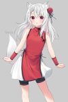  1girl :o animal_ear_fluff animal_ears anz32 bangs bare_shoulders bike_shorts black_shorts blush braid bun_cover china_dress chinese_clothes commentary_request dress eyebrows_visible_through_hair feet_out_of_frame fox_ears fox_girl fox_tail grey_background hair_between_eyes hair_bun long_hair looking_at_viewer original parted_lips red_dress short_shorts shorts side_bun silver_hair simple_background sleeveless sleeveless_dress solo standing tail twitter_username violet_eyes 