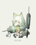  1girl absurdres animal_ear_fluff animal_ears arknights bangs bare_shoulders chibi chinese_commentary closed_mouth commentary detached_collar dress eyebrows_visible_through_hair full_body green_dress green_eyes green_hair hand_up highres huizhiyin jacket jewelry kal&#039;tsit_(arknights) long_sleeves lynx_ears off-shoulder_dress off_shoulder pill short_hair solo standing syringe 