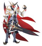  1boy absurdres armor cape catball1994 from_side full_armor highres holding holding_sword holding_weapon horns kamen_rider kamen_rider_saber_(series) kamen_rider_solomon looking_ahead red_eyes redesign single_horn solo sword tokusatsu weapon white_background 