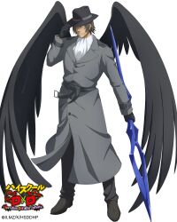 1boy absurdres black_hat black_wings clenched_teeth coat copyright_name copyright_notice dohnaseek feathered_wings fedora full_body grey_coat grey_hair hand_on_own_hat hat high_school_dxd high_school_dxd_operation_paradise_infinity highres holding holding_polearm holding_weapon long_coat long_sleeves looking_at_viewer male_focus official_art polearm short_hair simple_background solo standing teeth weapon white_background wings 