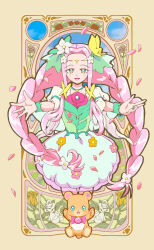  1girl :d braid cure_felice floating_hair flower green_eyes hair_flower hair_intakes hair_ornament hanami_kotoha highres kagekaku long_hair mahou_girls_precure! mofurun_(mahou_girls_precure!) open_mouth petals pink_hair precure reaching reaching_towards_viewer short_sleeves sidelocks skirt smile standing twin_braids very_long_hair white_flower white_skirt 
