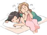  2girls aerith_gainsborough bangs bare_shoulders black_hair blanket blush brown_hair closed_eyes couple dress final_fantasy final_fantasy_vii final_fantasy_vii_remake long_dress long_hair lying multiple_girls on_bed on_person pink_dress sidelocks sleeping tank_top tifa_lockhart tsubobot white_tank_top 