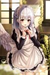  .me 1girl alternate_costume apron black_dress bow bowtie cup dress feathered_wings frilled_apron frills grey_wings highres kishin_sagume light_blush long_dress long_sleeves maid maid_apron maid_headdress puffy_sleeves red_eyes red_neckwear single_wing thigh-highs touhou waist_apron white_apron white_hair wings 