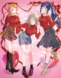  3girls :3 ;) ;p absurdres ahoge amamiya_sora amamiya_sora_(cosplay) ankle_socks asakura_momo asakura_momo_(cosplay) asymmetrical_hair bent_over black_boots black_socks blue_eyes blue_hair blush boots braid breasts brown_boots brown_shoes brown_skirt chocolate closed_mouth collarbone commentary_request commission cosplay cross-laced_clothes cross-laced_sleeves earrings finger_to_cheek food gift grey_hair grey_skirt hand_on_own_hip heart high_heel_boots high_heels highres holding holding_behind_back holding_chocolate holding_food holding_gift holding_pocky iroenpitsu_xxx jewelry knee_boots leg_up looking_at_viewer love_live! love_live!_sunshine!! low_side_ponytail matsuura_kanan medium_breasts medium_skirt miniskirt multiple_girls natsukawa_shiina natsukawa_shiina_(cosplay) one_eye_closed open_mouth orange_hair pink_background plaid_clothes plaid_skirt pleated_skirt pocky ponytail red_eyes red_sweater short_sidetail side_braid signature skeb_commission skirt smile socks split_mouth standing sweater takami_chika tongue tongue_out trysail unmoving_pattern valentine violet_eyes watanabe_you 