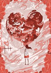  1girl absurdres black_shoes four-pointed_star from_behind full_body grey_sweater grey_thighhighs hato_(n_hat_mu) heart highres legs_apart ligne_claire long_sleeves medium_hair original pleated_skirt red_skirt red_theme skirt solo standing star_(symbol) sweater thigh-highs valentine 