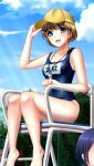  1girl :d bangs barefoot baseball_cap blue_sky blue_swimsuit blush breasts brown_hair character_name clouds collarbone day doukyuusei_another_world eyebrows_visible_through_hair game_cg green_eyes hair_between_eyes hat kakyuusei_2 looking_at_viewer name_tag official_art open_mouth outdoors sawamura_kazuki school_swimsuit shiny shiny_hair shiny_skin short_hair sitting sky small_breasts smile solo_focus swimsuit whistle yellow_headwear 
