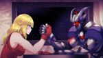  1boy 1girl absurdres arm_wrestling blonde_hair blue_eyes breasts determined english_commentary gloves glowing glowing_eyes highres hoshino_char indie_virtual_youtuber mecha medium_breasts red_eyes red_gloves robot science_fiction sitting space tsunderia upper_body valefal_coneri valefor_(vtuber) virtual_youtuber window 